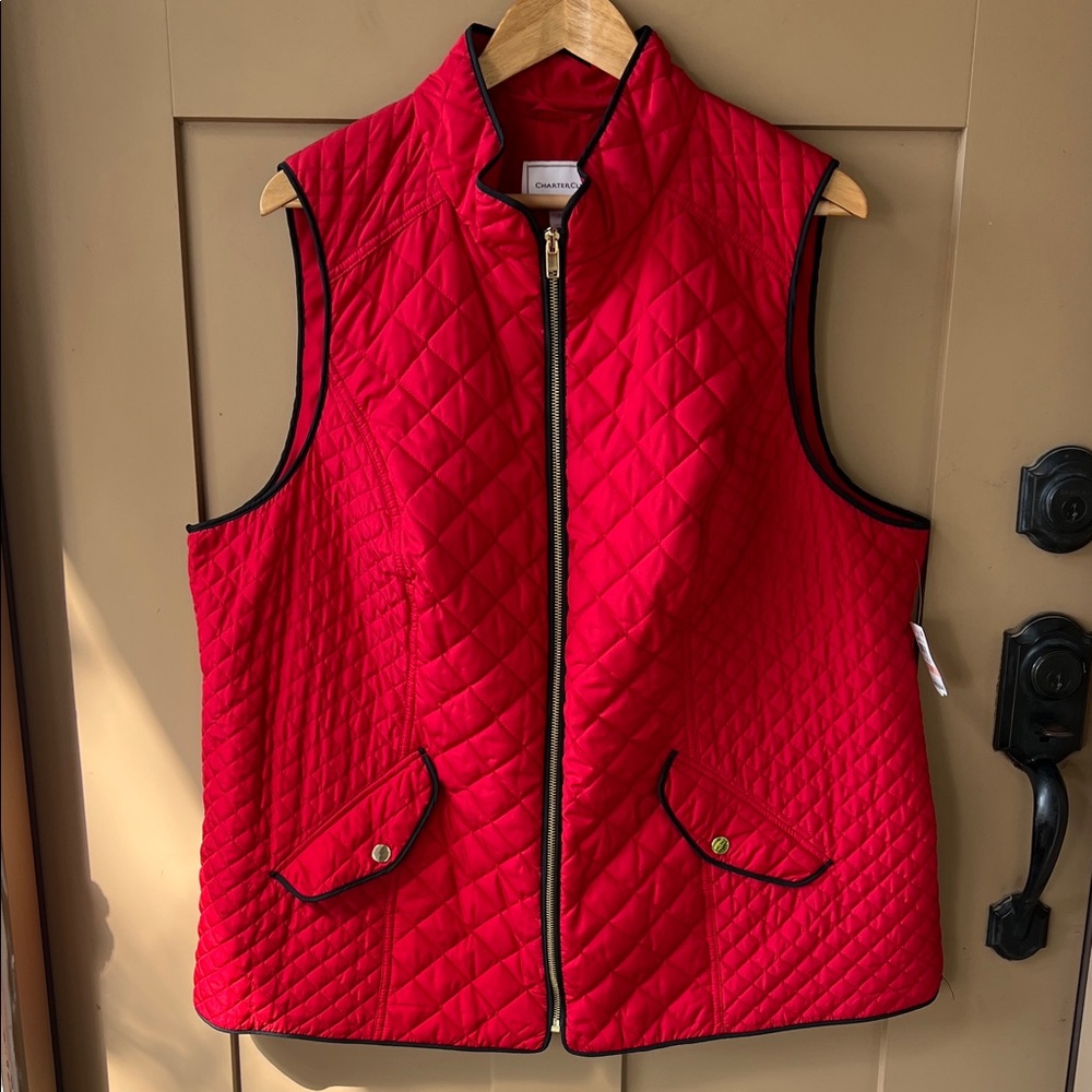 Charter Club New w Tag 2X Red Quilted Vest Black Trim Medium Weight